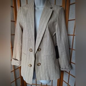 NWT WOMENS TAHARI BEIGE STRIPES LINEN/VISCOSE MIX CARDIGAN BLAZER SIZE MEDIUM